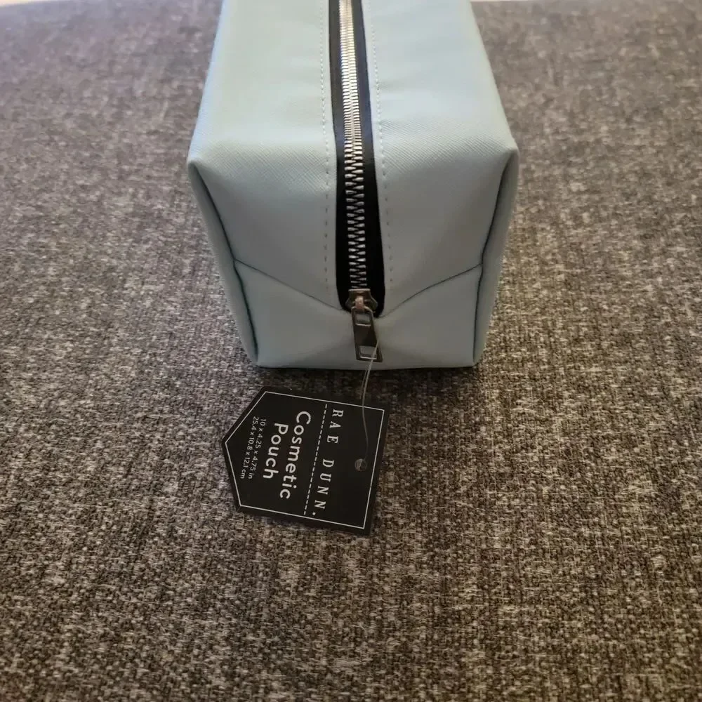 Rae Dunn White Cosmetic Pouch with Blue Text